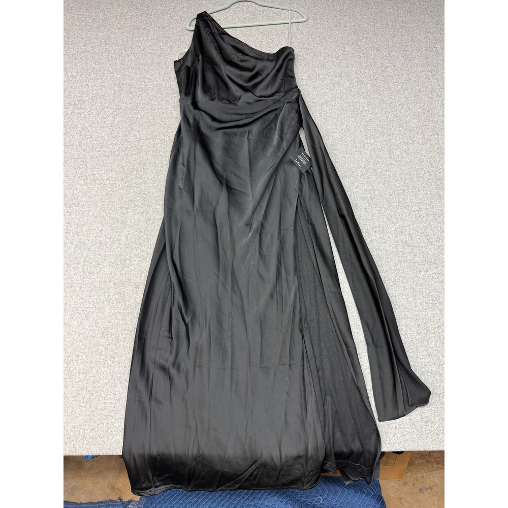 Lulus One Shoulder Maxi Dress XL Black Satin Cowl Neck Side Slit Formal Gown NWT